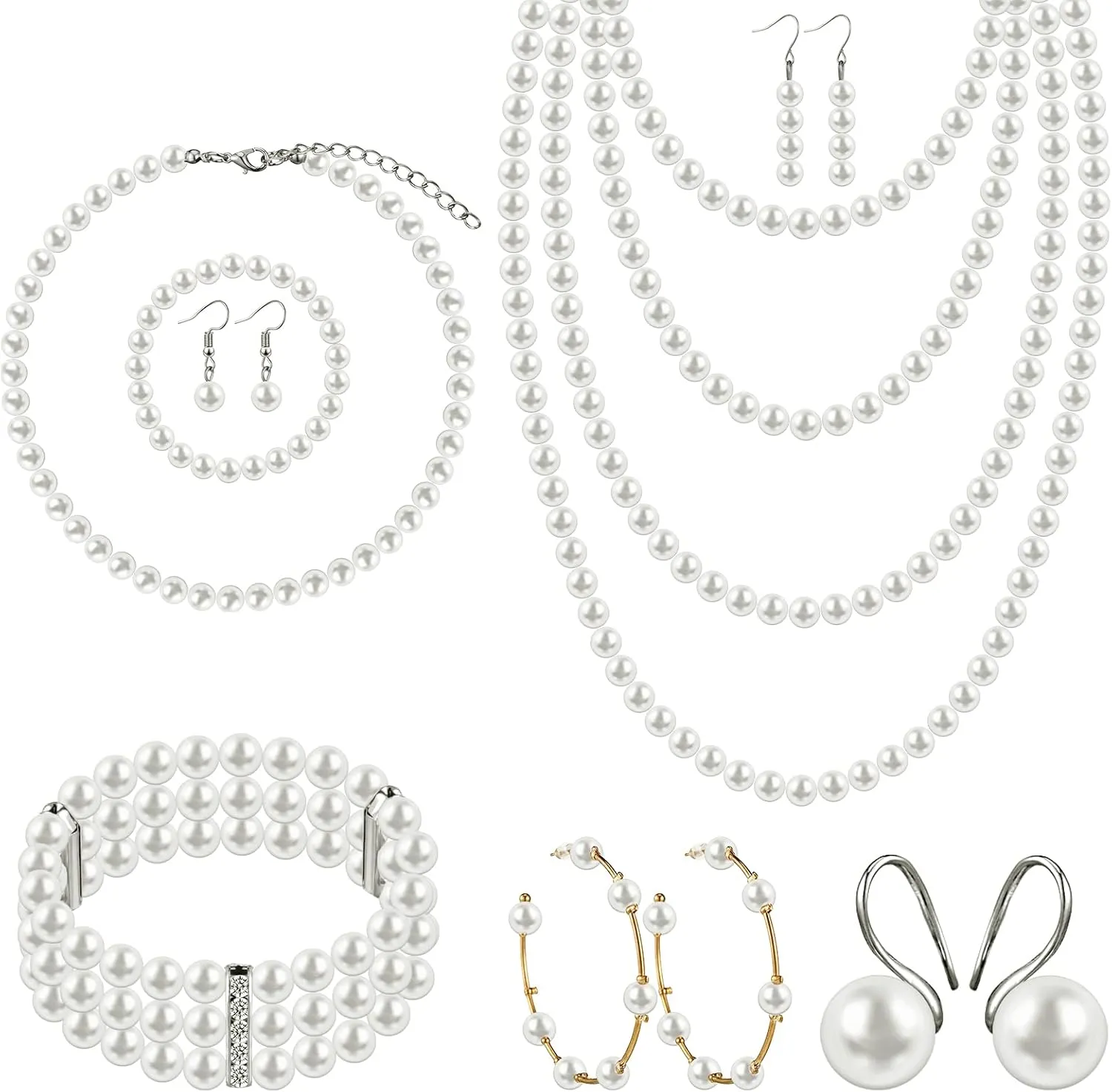 Bonuci 8 Pcs Pearl Rhinestone Jewelry Set for Women Pearl Necklace Earrings Bracelet Set 1920s Jewelry Accessories for Valentines Wedding Tea Party