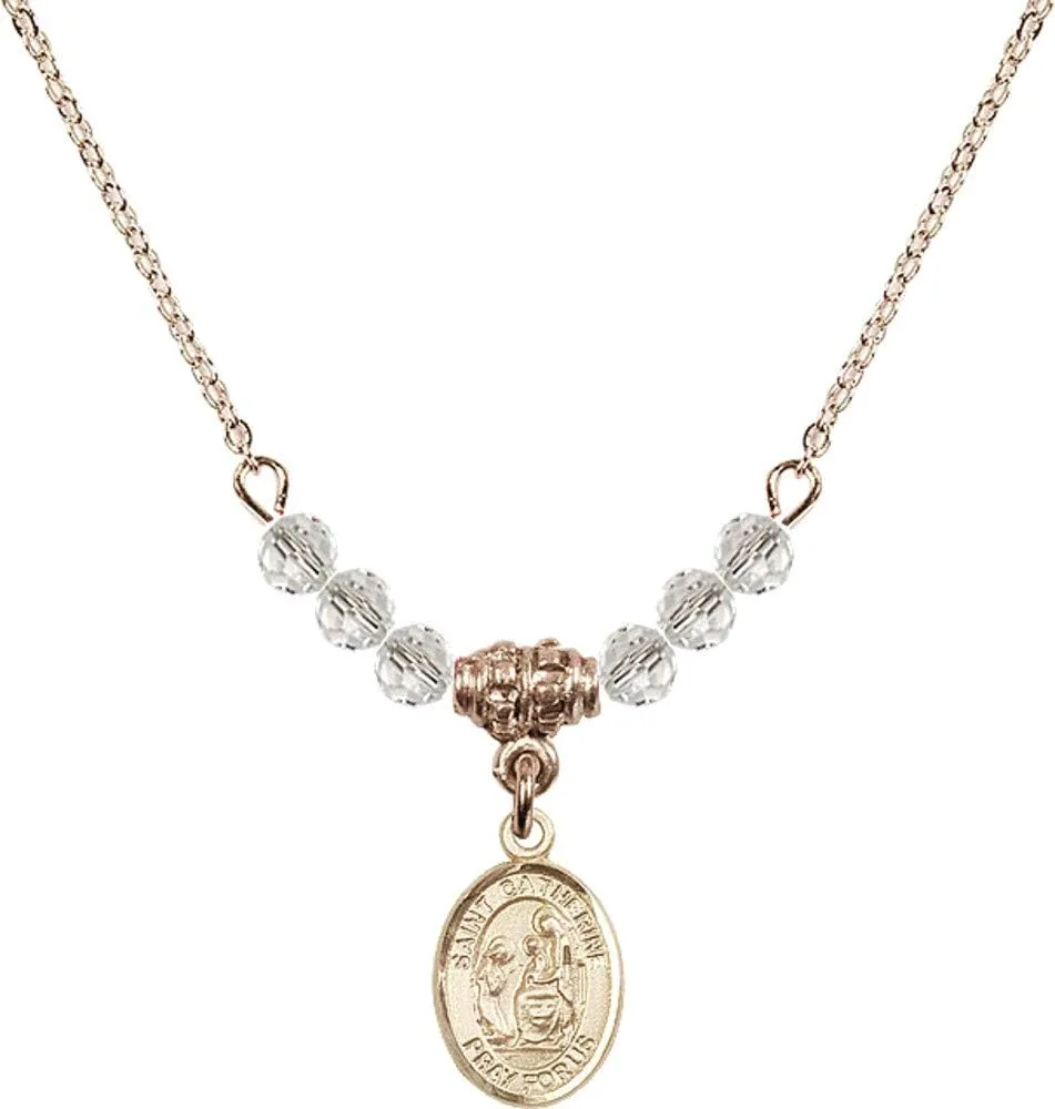 Bonyak Jewelry 18 Inch Hamilton Gold Plated Necklace w/ 4mm White April Birth Month Stone Beads and Saint Catherine of Siena
