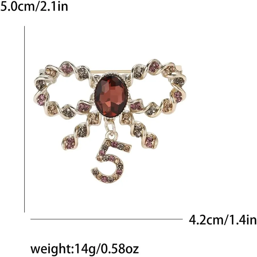 Bow CZ Number Five Tassel Dangle Drop Brooch Lapel Pins for Women Her Dainty Rhinestones Ribbon Bowknot Brooches Pin for Wedding Party Suit Dress Banquet Clothes Accessories Badge Fashion Jewelry Birthday Gift