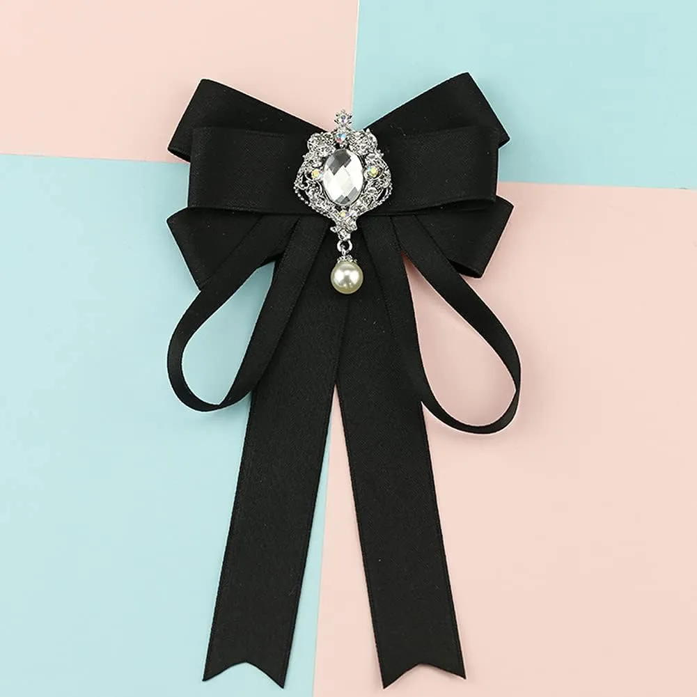 Bowknot Rhinestone Ribbon Bow Brooch Pre-Tied Bow tie for Women Neck Tie Wedding Party Christmas Gifts Ceremony
