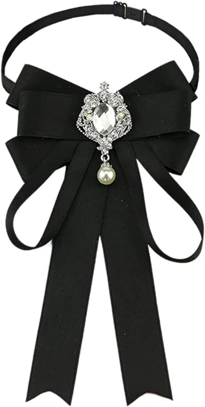 Bowknot Rhinestone Ribbon Bow Brooch Pre-Tied Bow tie for Women Neck Tie Wedding Party Christmas Gifts Ceremony