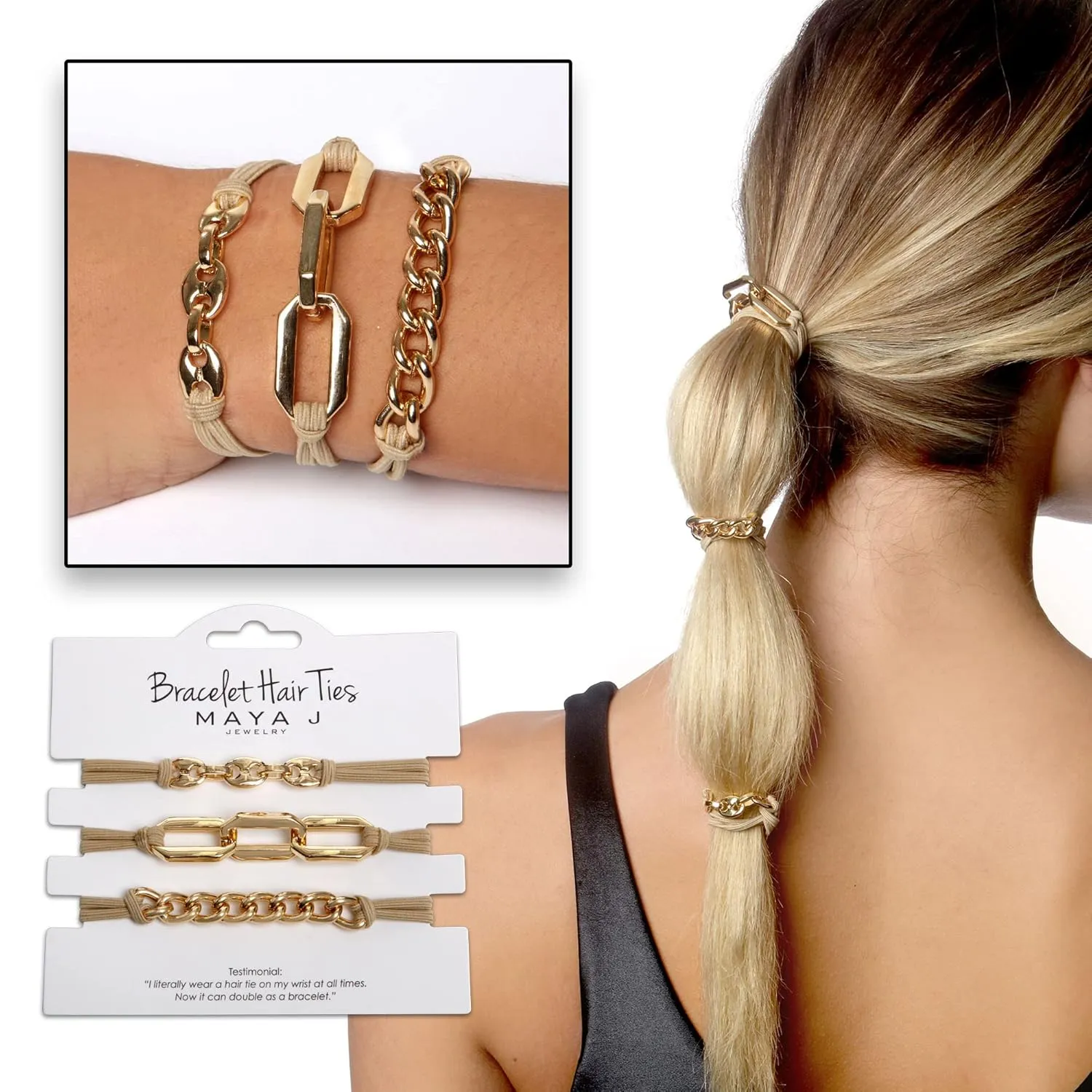 Bracelet Hair Ties With Beige Black Elastic, Looks Cute On Your Wrist And Great In Your Hair from Maya J (Gold, Metal accents) HT33Y