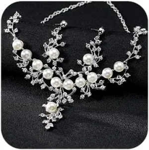 Bridal Neckalce Earrings Set Fashion Elegant Pearl Bride Set Silver Rhinestone Drop Earrings Choker Dangle Necklace Sets for Women Wedding Gift