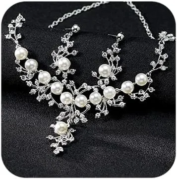 Bridal Neckalce Earrings Set Fashion Elegant Pearl Bride Set Silver Rhinestone Drop Earrings Choker Dangle Necklace Sets for Women Wedding Gift
