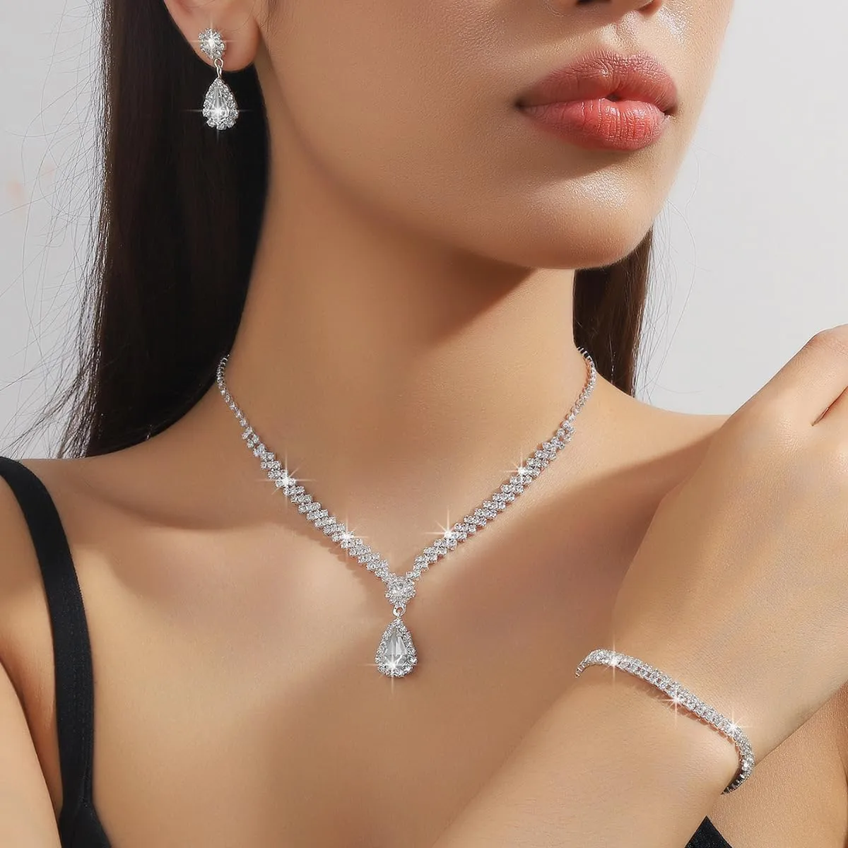 Bridal Wedding Earrings Necklace Bracelet Set Elegant Crystal Necklace Earrings Bracelet for Wedding Jewelry Prom Costume Jewelry Sets for Women