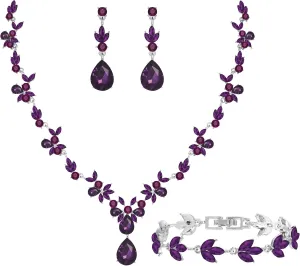 Bridal Wedding Elegant Floral Jewelry Set for Women/Brides/Bridesmaids Crystal Jewelry Set for Wedding Prom Party Bridal Crystal Necklace Earrings Bracelet Set