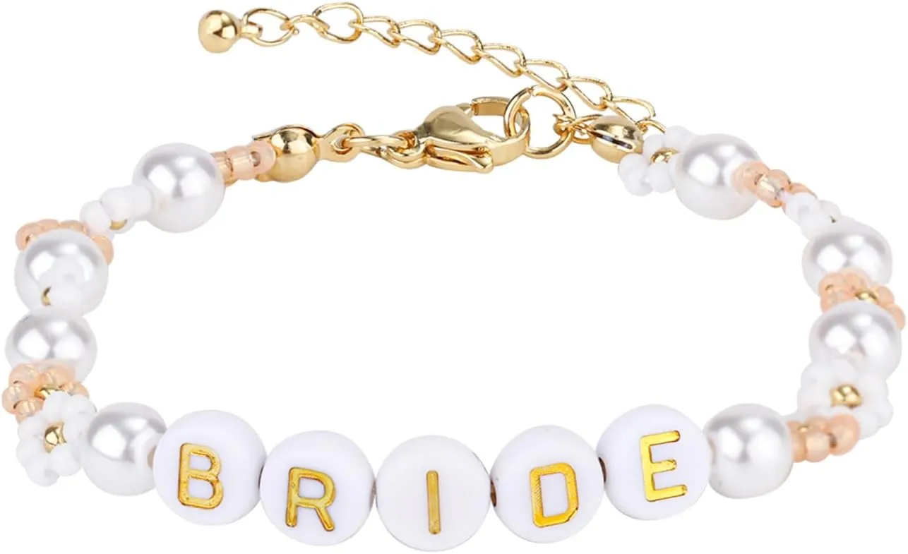 Bride Pearl Beaded Bracelet, Delicate Adjustable Chain Jewelry Flower Beaded Bridesmaid Bracelet Gift for Women Bridal Shower Prom Accessories Anniversary