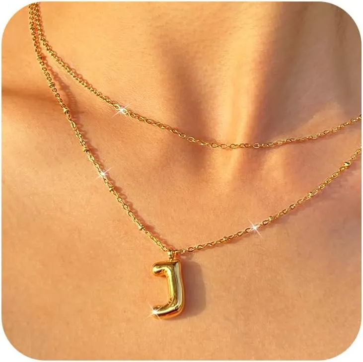 Bubble Letter Necklace Gold for Women, 18k Gold Bubble Initial Necklaces for Women Trendy Chunky Balloon Letter Bubble Name Initial Pendant Necklace Dainty Layered Gold Plated Jewelry