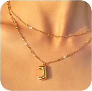 Bubble Letter Necklace Gold for Women, 18k Gold Bubble Initial Necklaces for Women Trendy Chunky Balloon Letter Bubble Name Initial Pendant Necklace Dainty Layered Gold Plated Jewelry