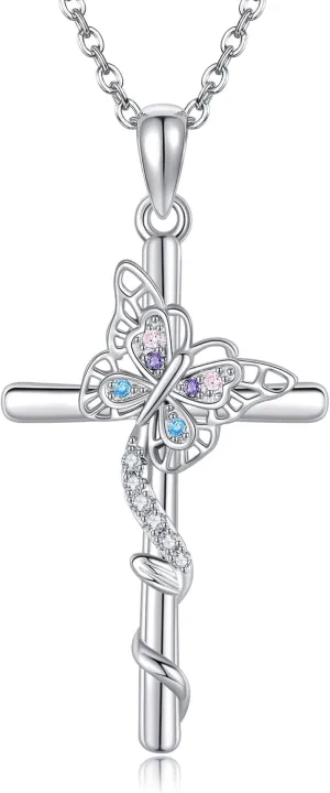 Butterfly Cross Necklace 925 Sterling Cross Pendant Necklace Animal Jewelry Present for Women