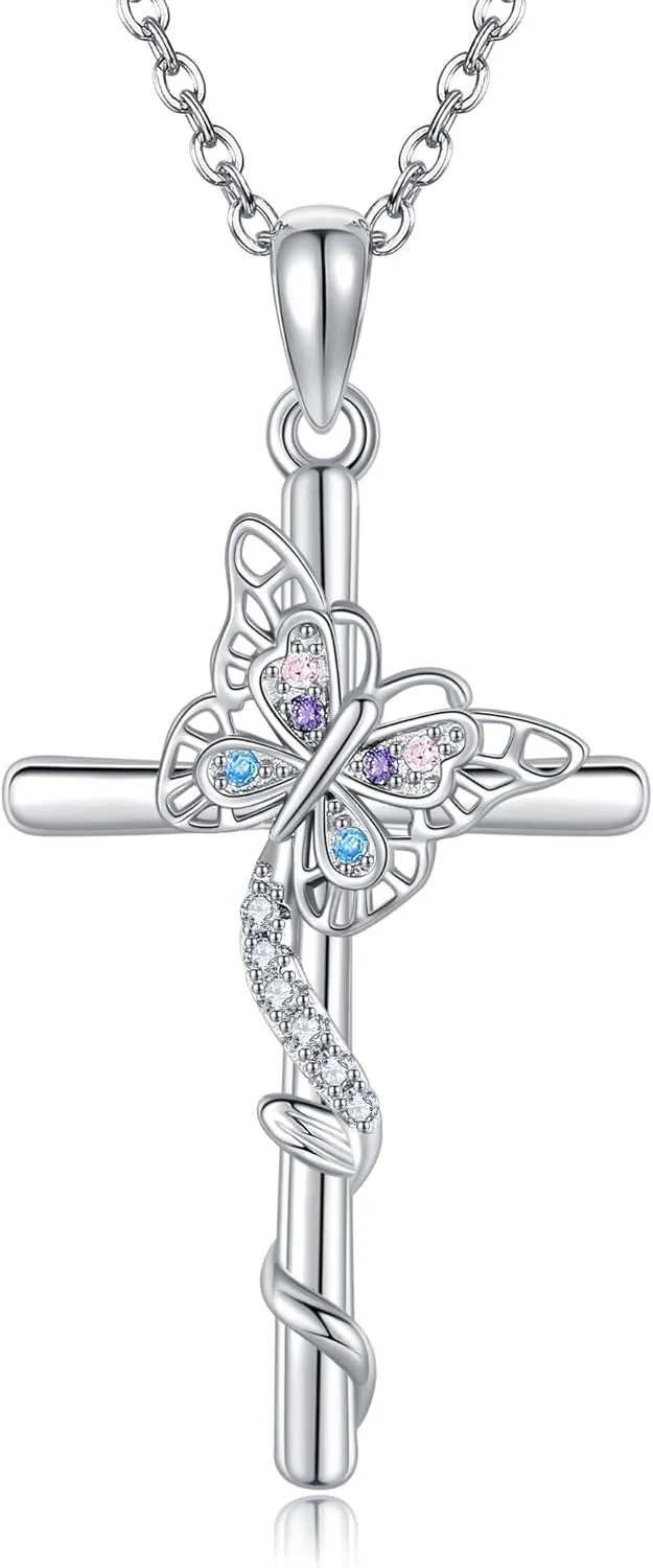 Butterfly Cross Necklace 925 Sterling Cross Pendant Necklace Animal Jewelry Present for Women