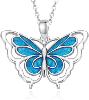 Butterfly Necklace 925 Sterling Silver Butterflies Pendant Necklace Animal Jewelry Gifs for Women (Blue Butterfly)