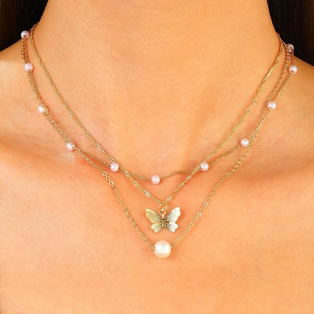 Butterfly Pearl Pendant Necklace Sets for Women Bohemian Adjustable Butterfly Statement Choker Fashion Layered Pearl Collarbone Necklace Jewelry Gifts