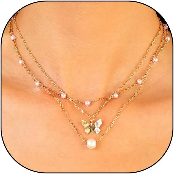 Butterfly Pearl Pendant Necklace Sets for Women Bohemian Adjustable Butterfly Statement Choker Fashion Layered Pearl Collarbone Necklace Jewelry Gifts