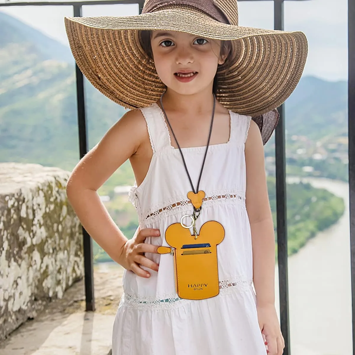 BUUFAN Chic Yellow Cute Travel PU Leather ID Card Holder Lanyard Neck Pouch Bag With Coin Wallet Purse for Women Kids Teens Girls