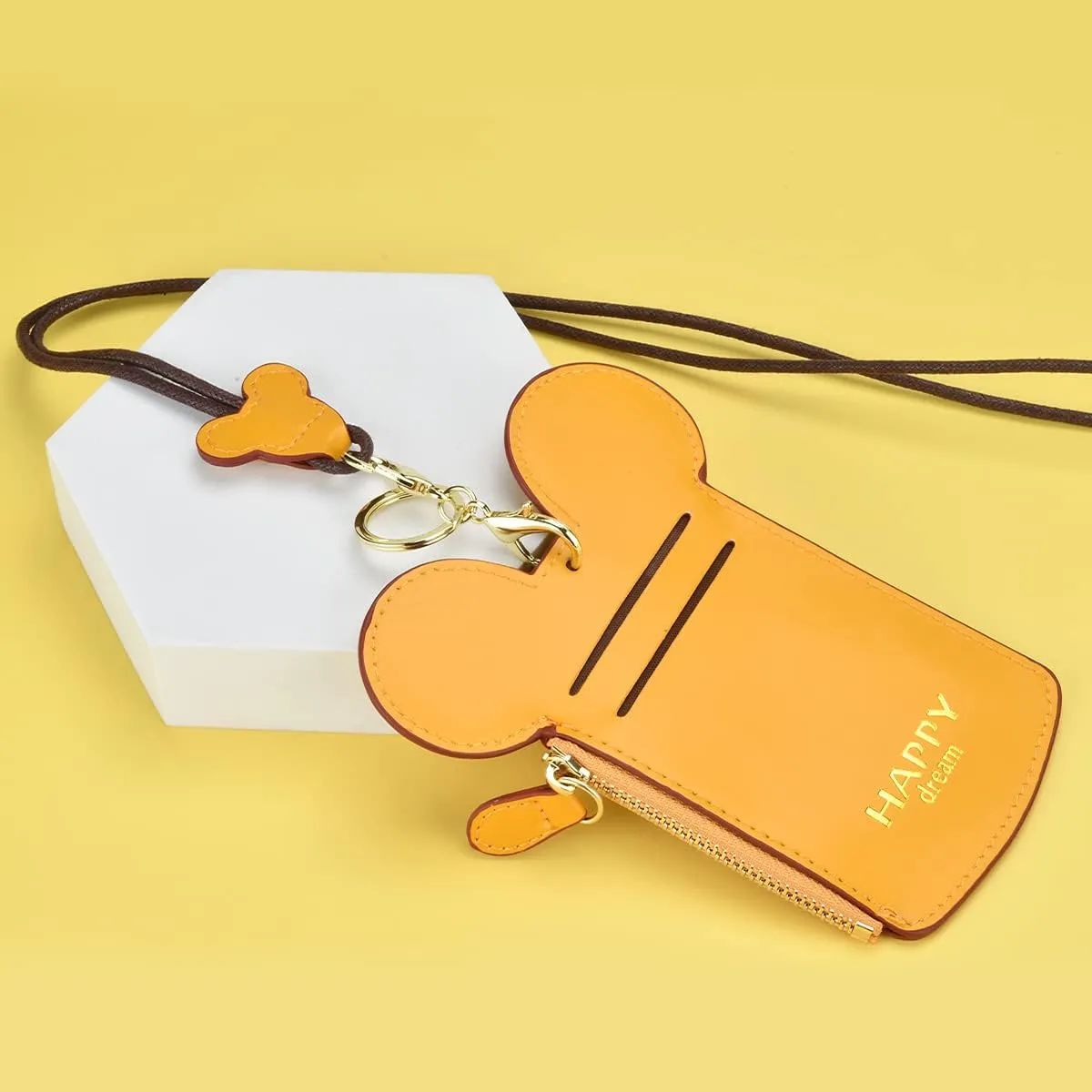 BUUFAN Chic Yellow Cute Travel PU Leather ID Card Holder Lanyard Neck Pouch Bag With Coin Wallet Purse for Women Kids Teens Girls