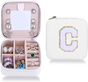 C Initial Jewelry Box with Mirror,Portable Jewelry Case Travel,Small Travel Jewelry Boxes,Bridesmaid Gifts and Travel Essentials to Store Rings,Necklaces,Earrings