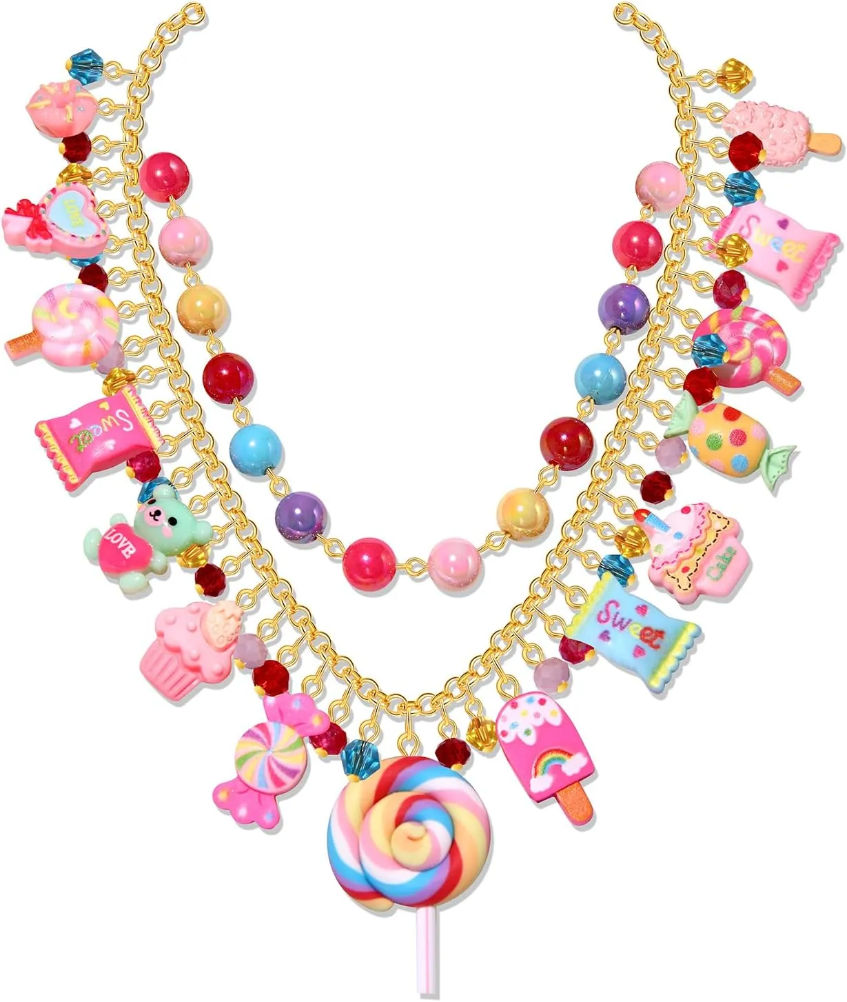 Candy Layered Necklaces for Women Novelty Colorful Beads Lollipop Sweet Candy Bear Ice Cream Dessert Cake Pendant Choker Necklace for Birthday Halloween Holiday Party Jewelry Gift