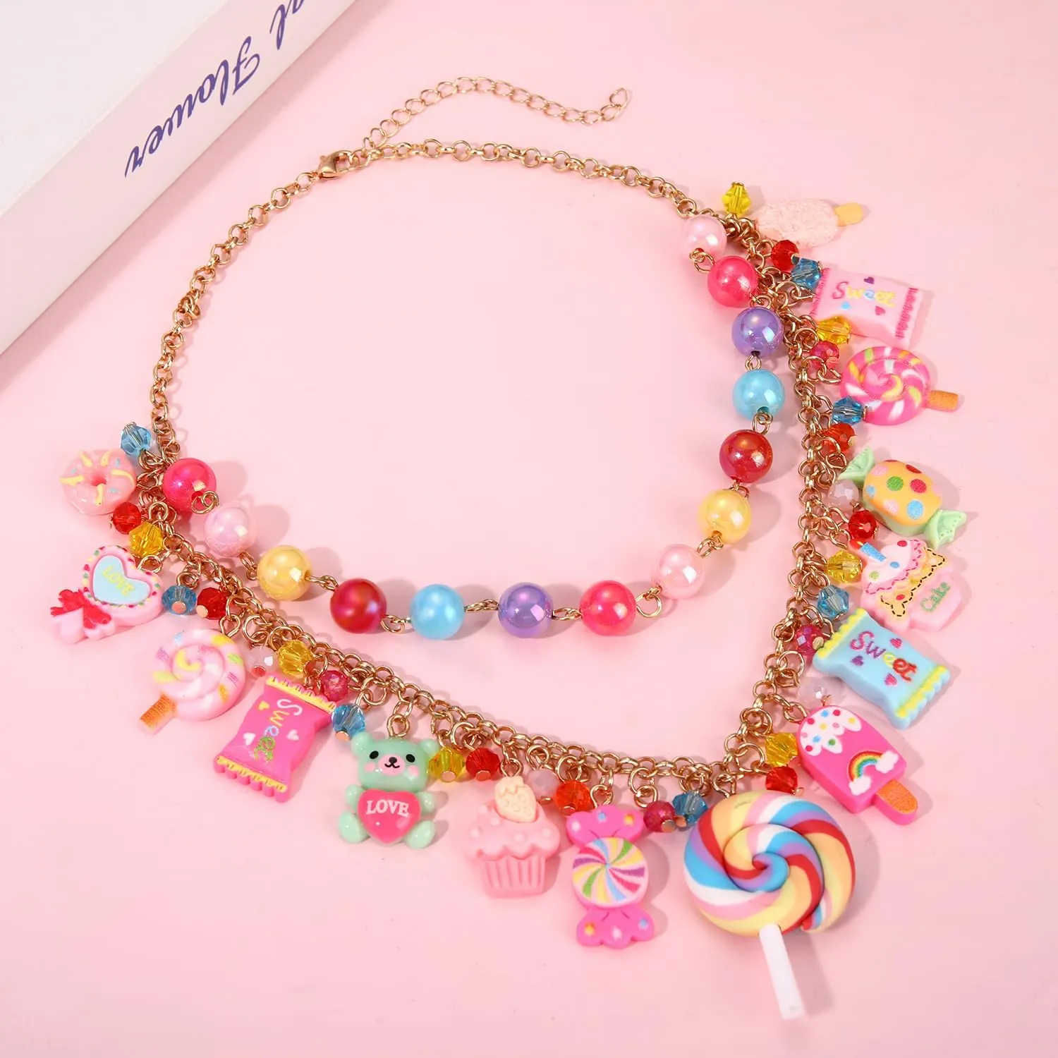Candy Layered Necklaces for Women Novelty Colorful Beads Lollipop Sweet Candy Bear Ice Cream Dessert Cake Pendant Choker Necklace for Birthday Halloween Holiday Party Jewelry Gift