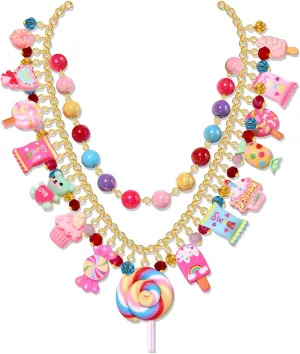 Candy Layered Necklaces for Women Novelty Colorful Beads Lollipop Sweet Candy Bear Ice Cream Dessert Cake Pendant Choker Necklace for Birthday Halloween Holiday Party Jewelry Gift