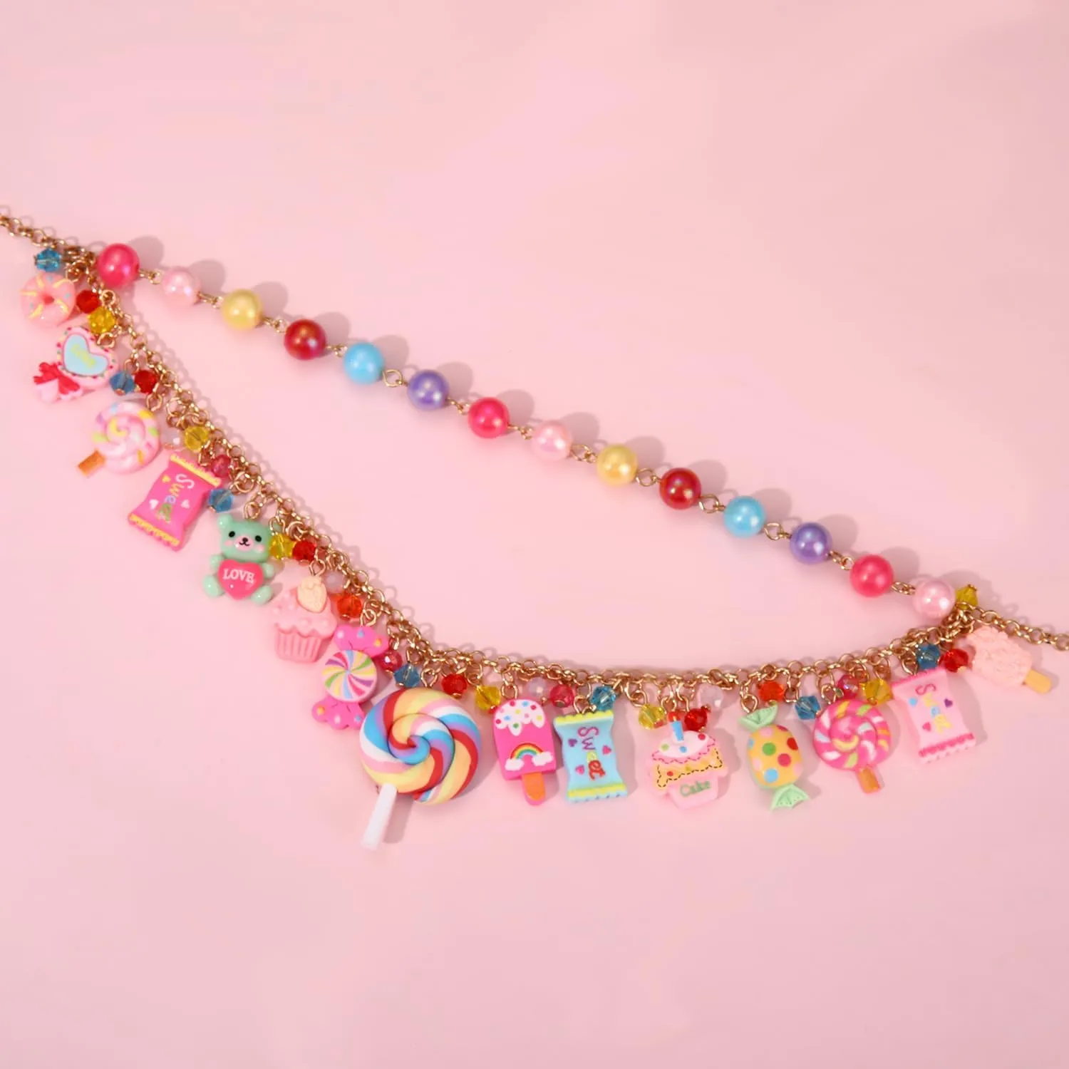 Candy Layered Necklaces for Women Novelty Colorful Beads Lollipop Sweet Candy Bear Ice Cream Dessert Cake Pendant Choker Necklace for Birthday Halloween Holiday Party Jewelry Gift