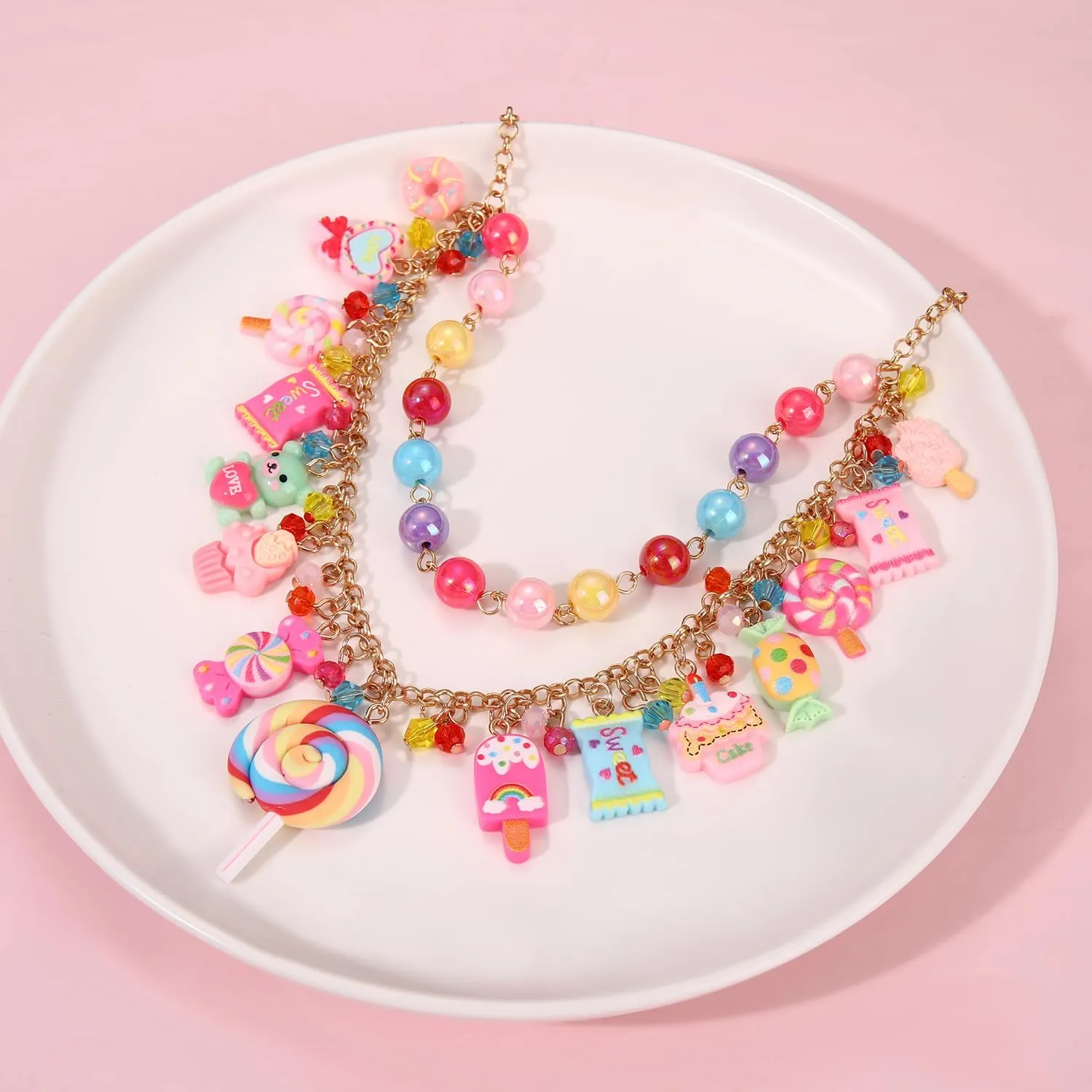 Candy Layered Necklaces for Women Novelty Colorful Beads Lollipop Sweet Candy Bear Ice Cream Dessert Cake Pendant Choker Necklace for Birthday Halloween Holiday Party Jewelry Gift