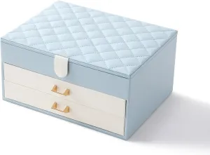 CASEGRACE Jewelry Box for Women 3-Layer Jewelry Organizer Storage Case for Rings Earring Necklace Bracelet Rhombic Lattice Jewelry Boxes Gift for Women, Blue