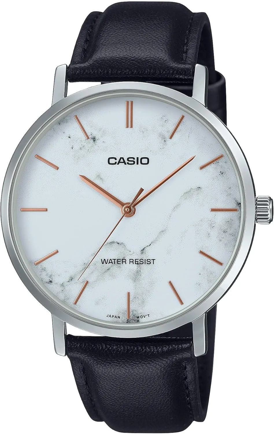 Casio MTP-VT01LM-7A Men's Minimalistic White Marbled Dial Leather Band 3-Hand Analog Watch