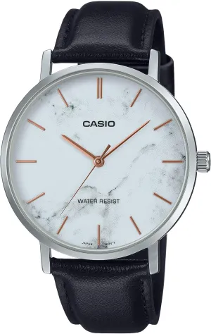 Casio MTP-VT01LM-7A Men's Minimalistic White Marbled Dial Leather Band 3-Hand Analog Watch