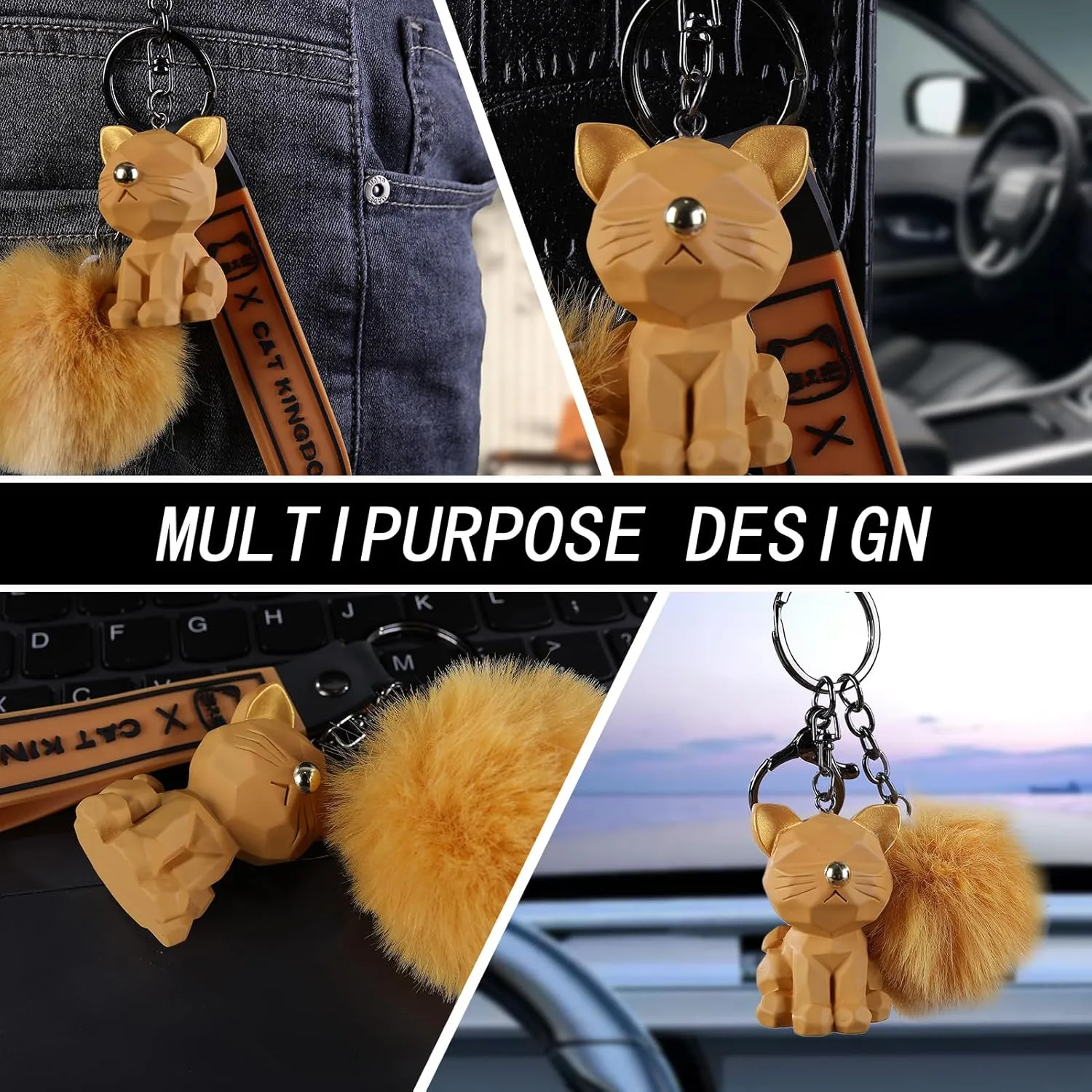 Cat Keychain with Fluffy Pom Pom for Women Purse Handbags - Cute and Stylish Key Ring Bag Charms for Cat Lovers