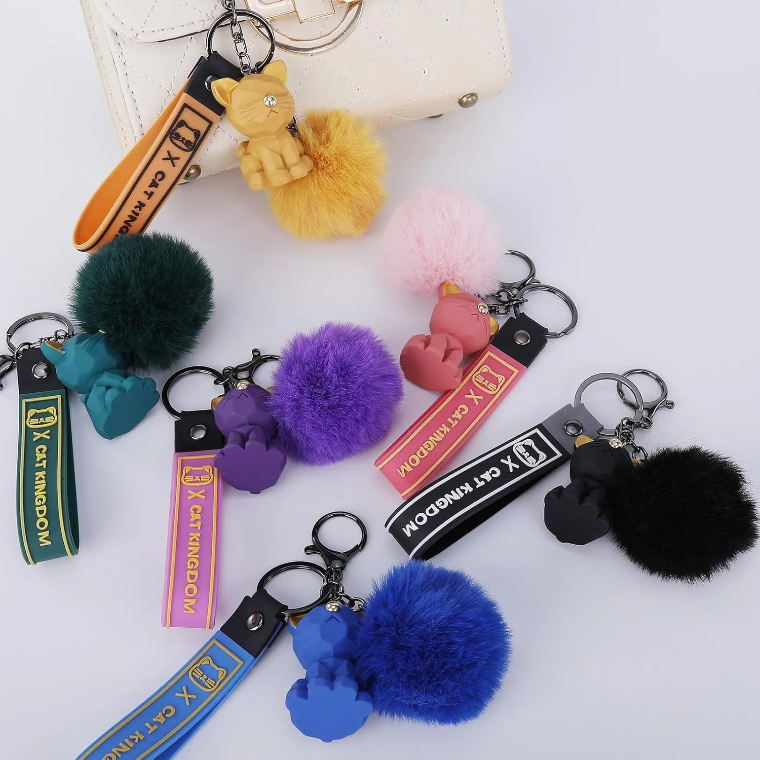 Cat Keychain with Fluffy Pom Pom for Women Purse Handbags - Cute and Stylish Key Ring Bag Charms for Cat Lovers
