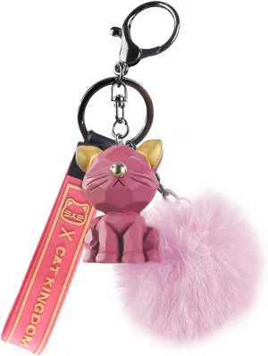 Cat Keychain with Fluffy Pom Pom for Women Purse Handbags - Cute and Stylish Key Ring Bag Charms for Cat Lovers