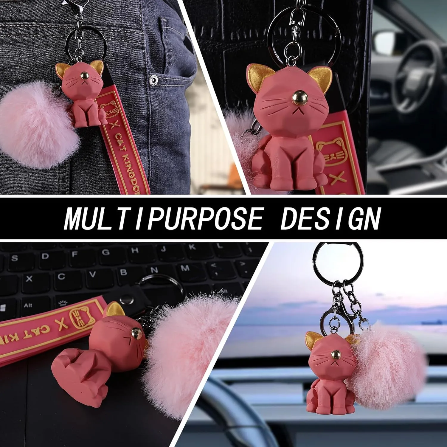 Cat Keychain with Fluffy Pom Pom for Women Purse Handbags - Cute and Stylish Key Ring Bag Charms for Cat Lovers