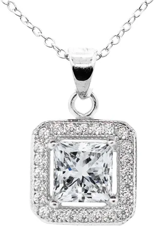 Cate & Chloe Ivy 18k White Gold Pendant Necklace with Princess Cut Simulated Diamond Crystals | Silver Halo Pendant Necklace for Women | Hypoallergenic Fashion Jewelry for Women | Gift for Her