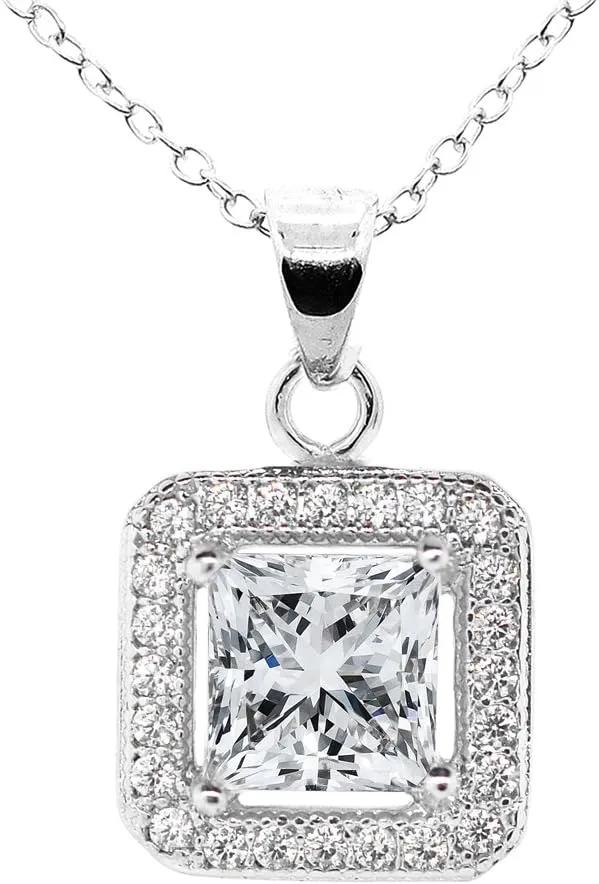 Cate & Chloe Ivy 18k White Gold Pendant Necklace with Princess Cut Simulated Diamond Crystals | Silver Halo Pendant Necklace for Women | Hypoallergenic Fashion Jewelry for Women | Gift for Her