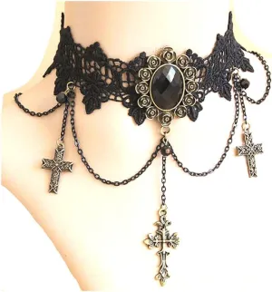 Cathercing Halloween Gothic Black Lace Gemstone Cross Pendant Choker Necklace for Women Charm Vampire Adjustable Chain Chic Unique Jewelry Festivals Cosplay Ball Prom Party (style2)