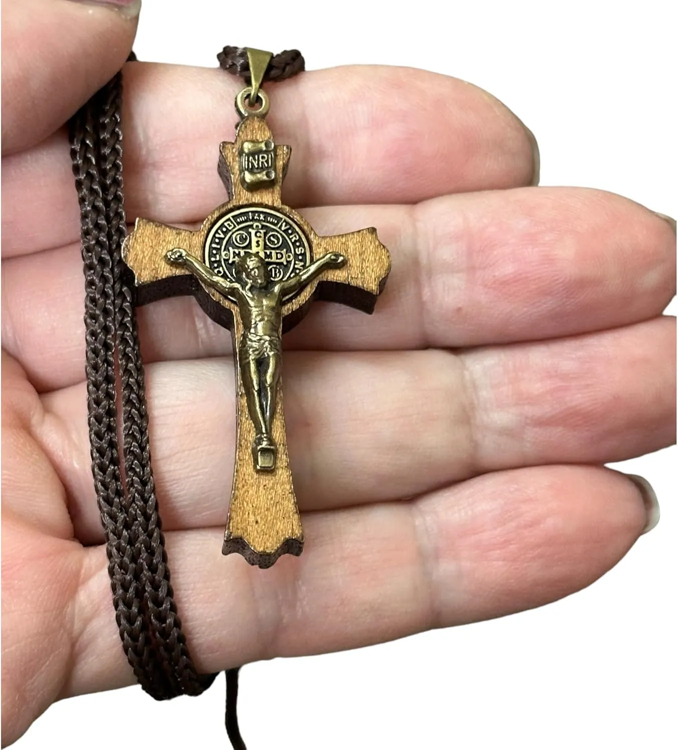 Catholica Shop Saint Benedict Medal Wood Crucifix Cord Necklace for Men & Women  Handcrafted Religious Pendant, Healing, Travel Protection, Perfect for Gifting on Special Occasions, Made in Brazil