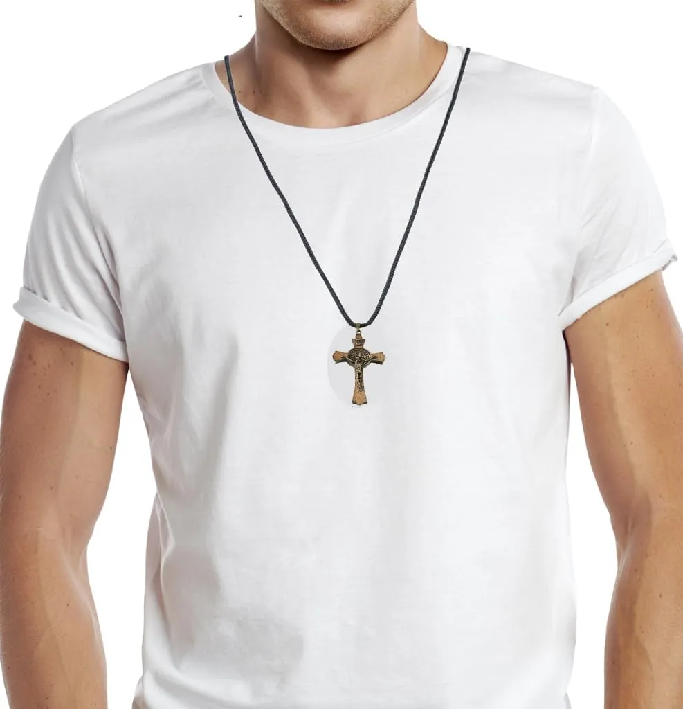 Catholica Shop Saint Benedict Medal Wood Crucifix Cord Necklace for Men & Women  Handcrafted Religious Pendant, Healing, Travel Protection, Perfect for Gifting on Special Occasions, Made in Brazil