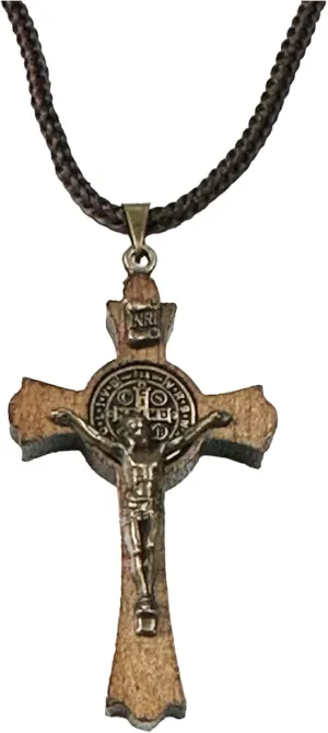 Catholica Shop Saint Benedict Medal Wood Crucifix Cord Necklace for Men & Women  Handcrafted Religious Pendant, Healing, Travel Protection, Perfect for Gifting on Special Occasions, Made in Brazil