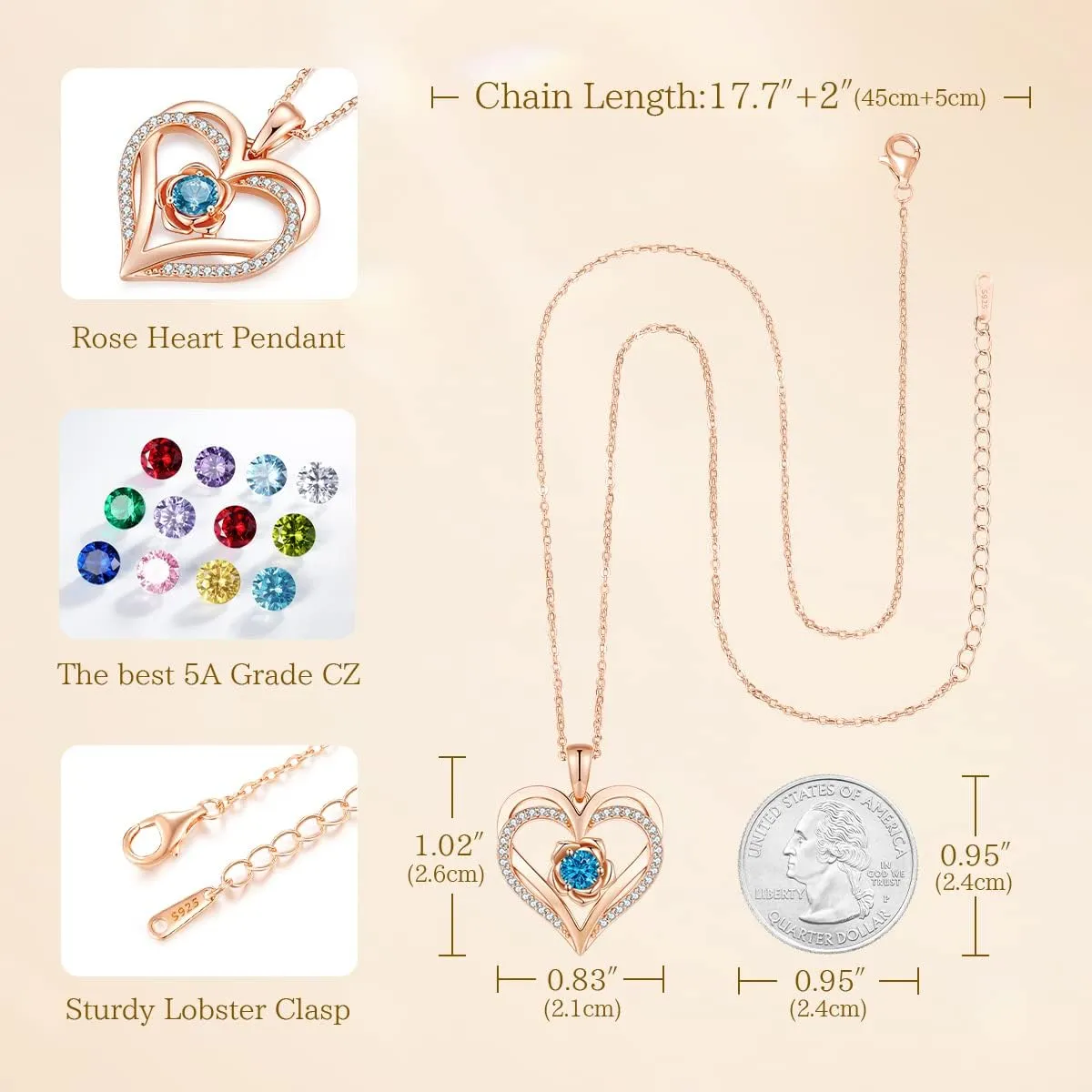 CDE Mothers Day Gifts for Mom, S925 Silver Rose Gold Heart Birthstone Necklaces for WomenIdeal Anniversary or Birthday Jewelry Gifts for Wife Girlfriend Her