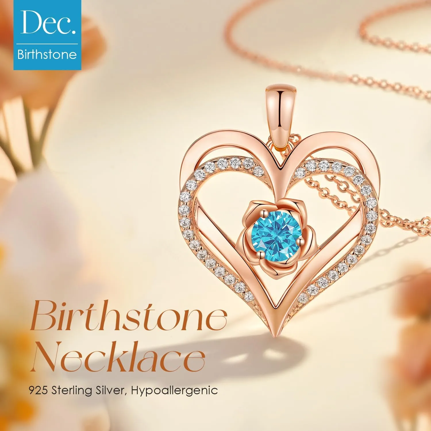 CDE Mothers Day Gifts for Mom, S925 Silver Rose Gold Heart Birthstone Necklaces for WomenIdeal Anniversary or Birthday Jewelry Gifts for Wife Girlfriend Her