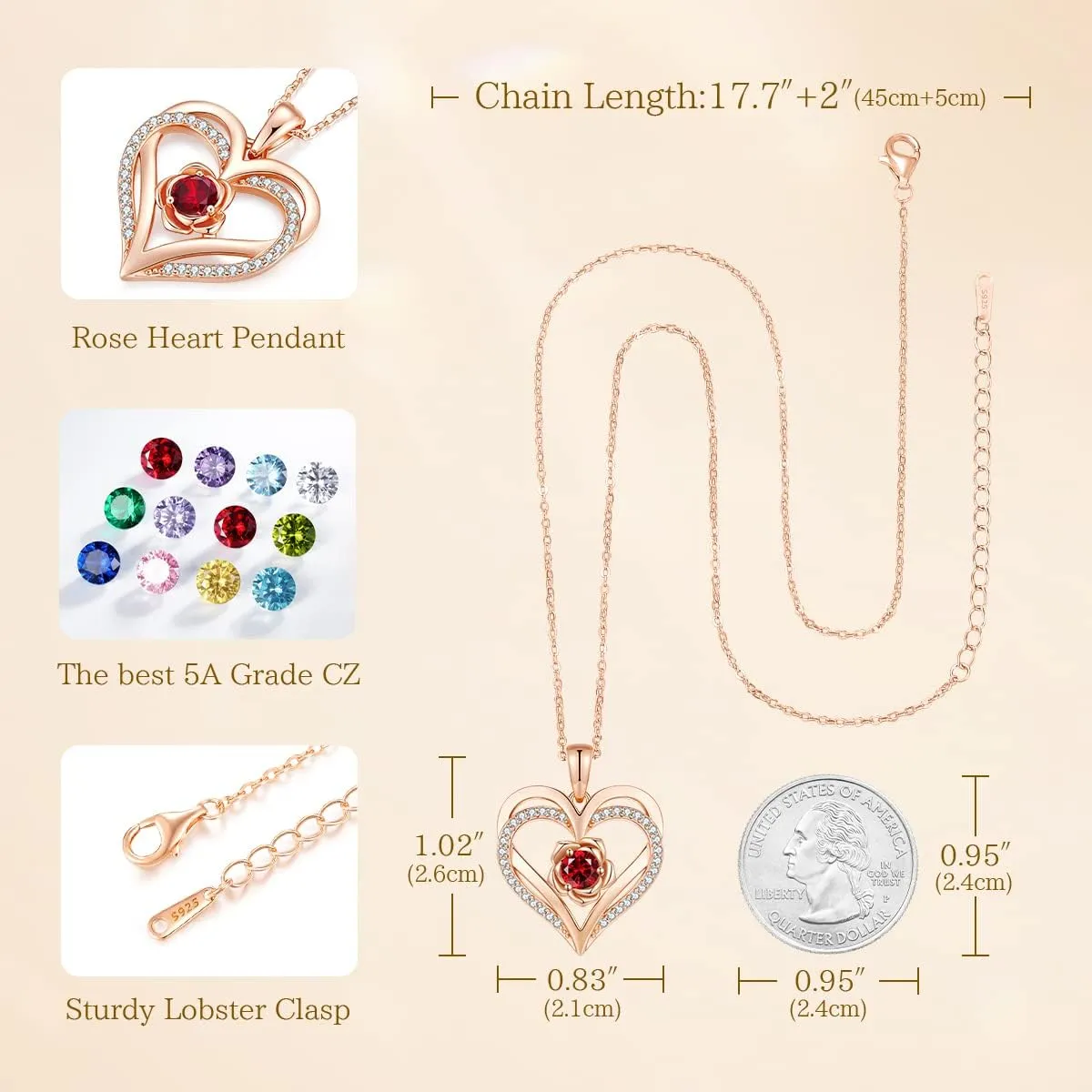 CDE Mothers Day Gifts for Mom, S925 Silver Rose Gold Heart Birthstone Necklaces for WomenIdeal Anniversary or Birthday Jewelry Gifts for Wife Girlfriend Her