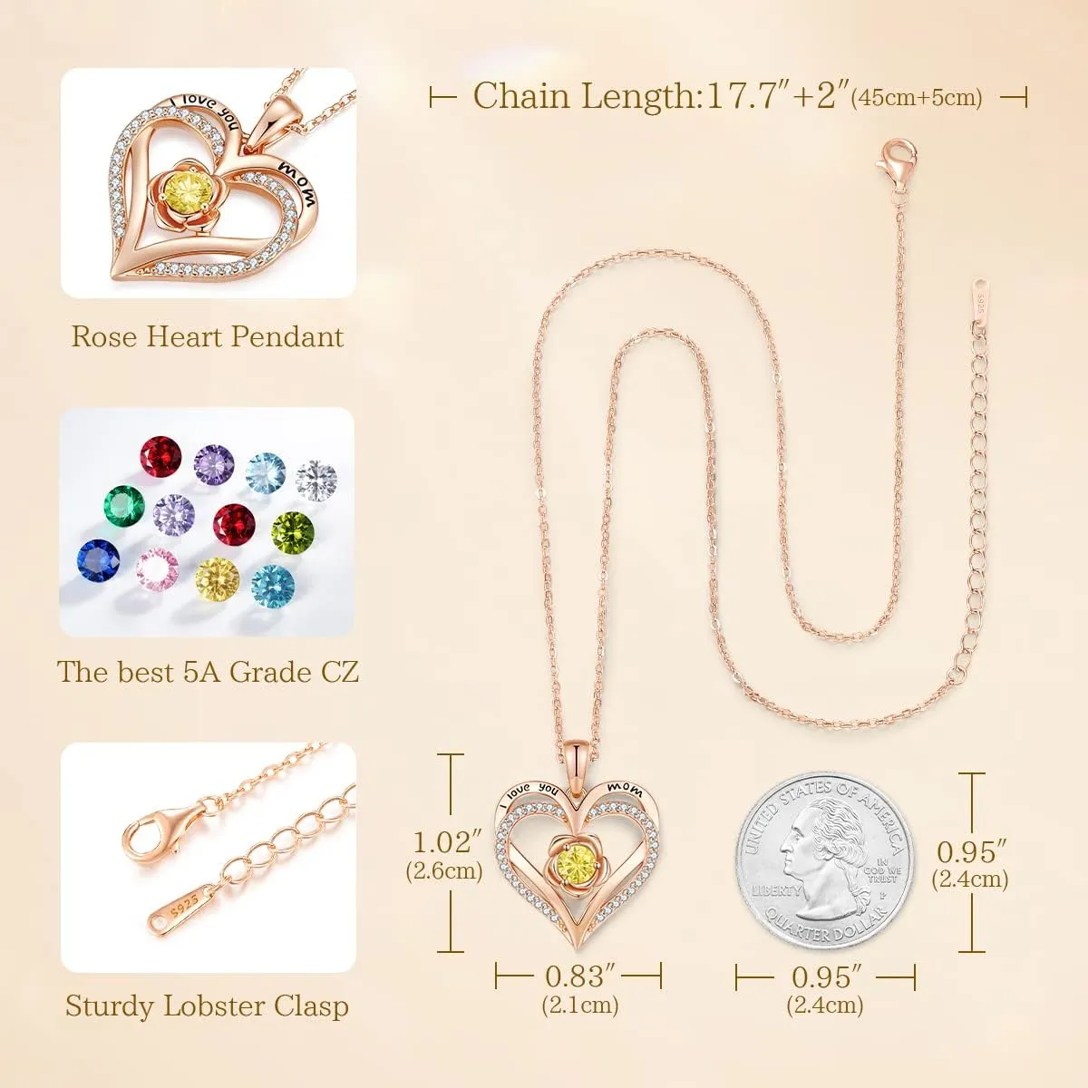 CDE Mothers Day Gifts for Mom, S925 Silver Rose Gold Heart Birthstone Necklaces for WomenIdeal Anniversary or Birthday Jewelry Gifts for Wife Girlfriend Her