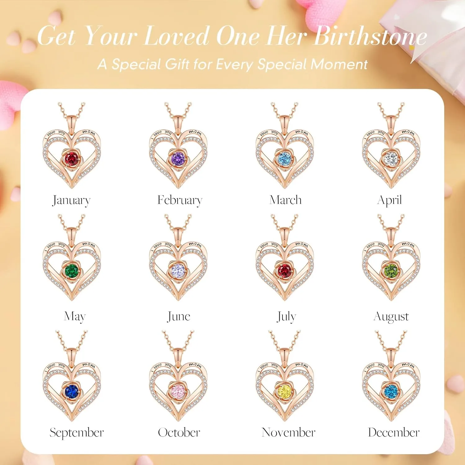 CDE Mothers Day Gifts for Mom, S925 Silver Rose Gold Heart Birthstone Necklaces for WomenIdeal Anniversary or Birthday Jewelry Gifts for Wife Girlfriend Her