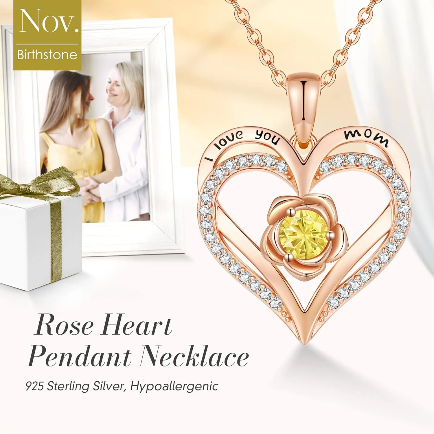 CDE Mothers Day Gifts for Mom, S925 Silver Rose Gold Heart Birthstone Necklaces for WomenIdeal Anniversary or Birthday Jewelry Gifts for Wife Girlfriend Her