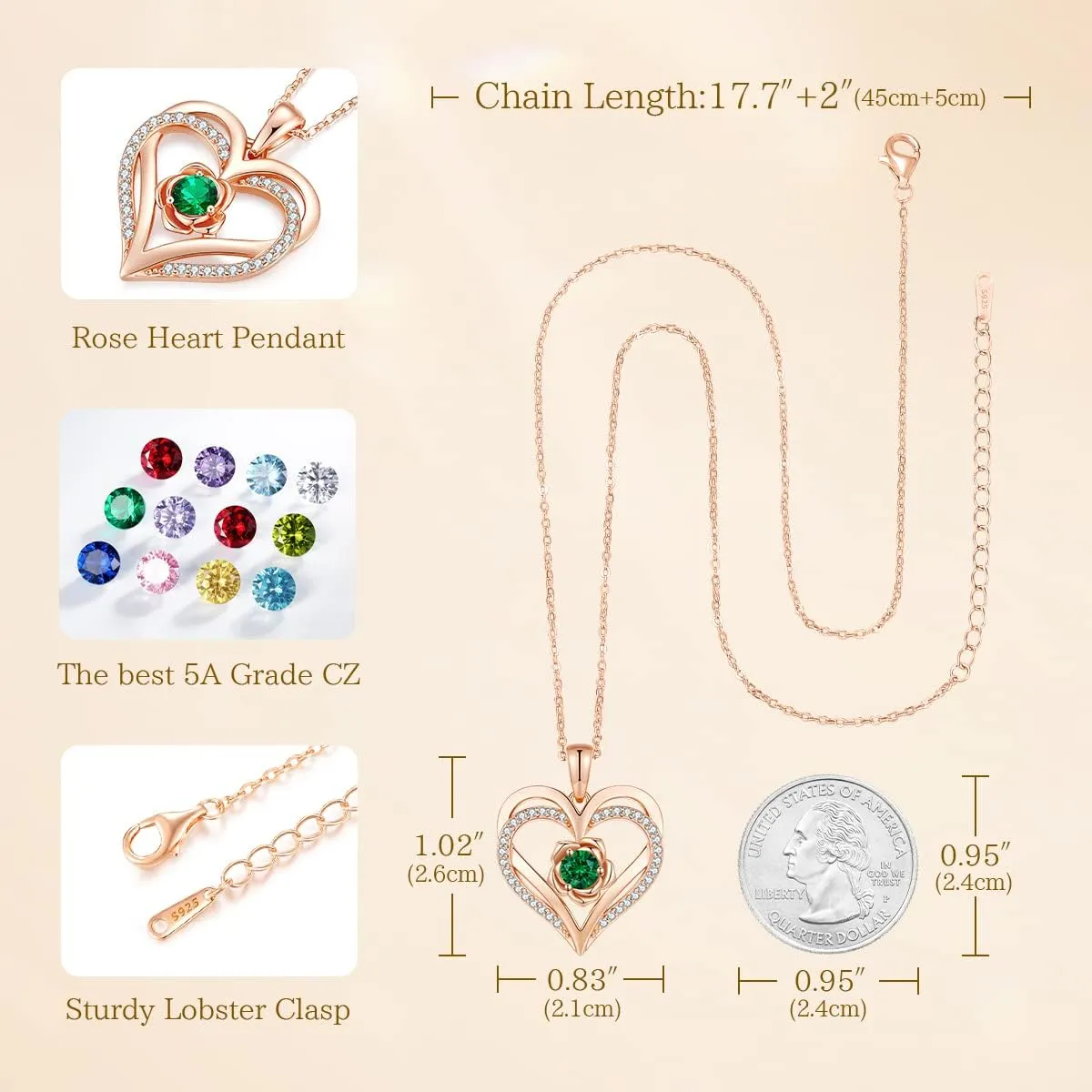 CDE Mothers Day Gifts for Mom, S925 Silver Rose Gold Heart Birthstone Necklaces for WomenIdeal Anniversary or Birthday Jewelry Gifts for Wife Girlfriend Her