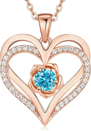 CDE Mothers Day Gifts for Mom, S925 Silver Rose Gold Heart Birthstone Necklaces for WomenIdeal Anniversary or Birthday Jewelry Gifts for Wife Girlfriend Her