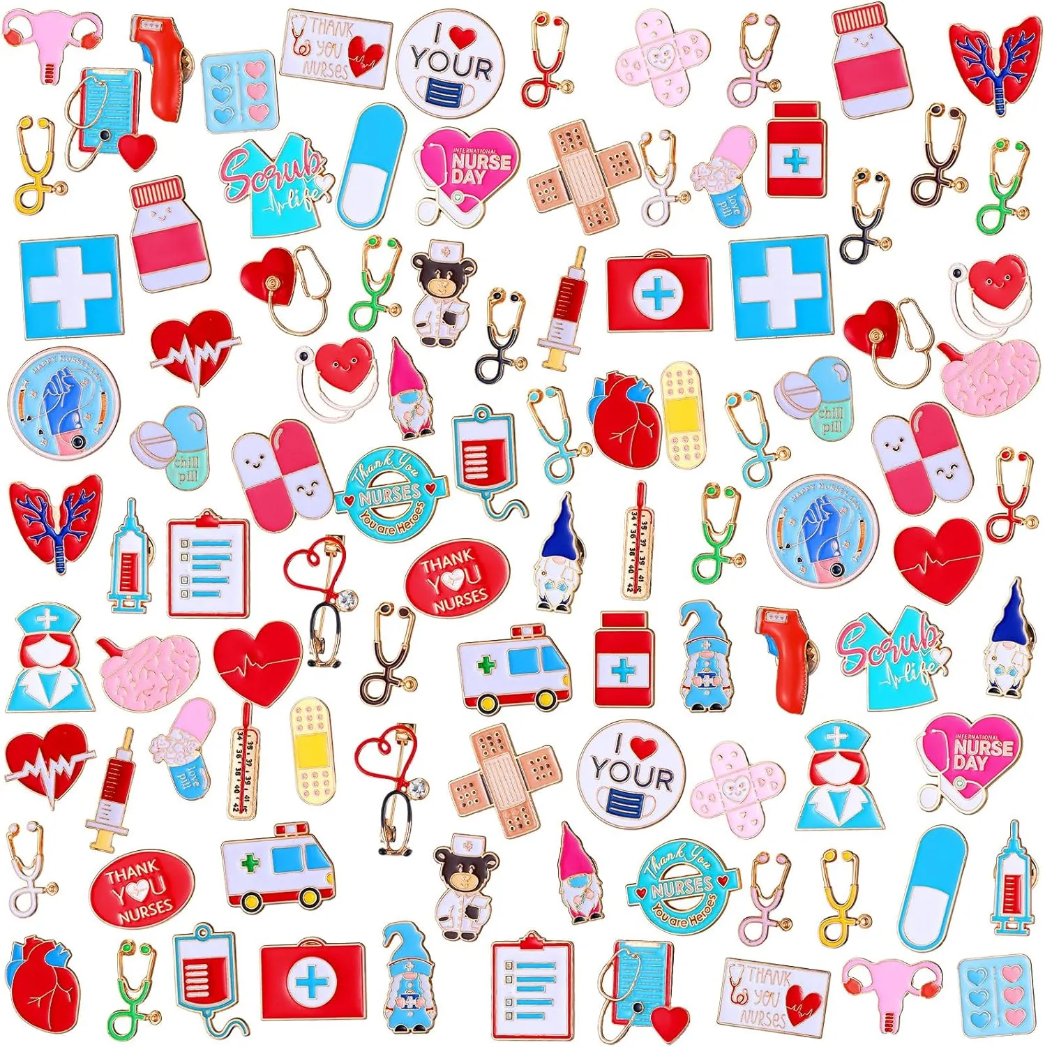 Ceenna 100 Pcs Nurse Enamel Pins Bulk Medical Heart Stethoscope Ambulance Pill Syringe Lapel Pins Cna Week Gifts Christmas Thank You Brooches Accessories for Clothes Bags