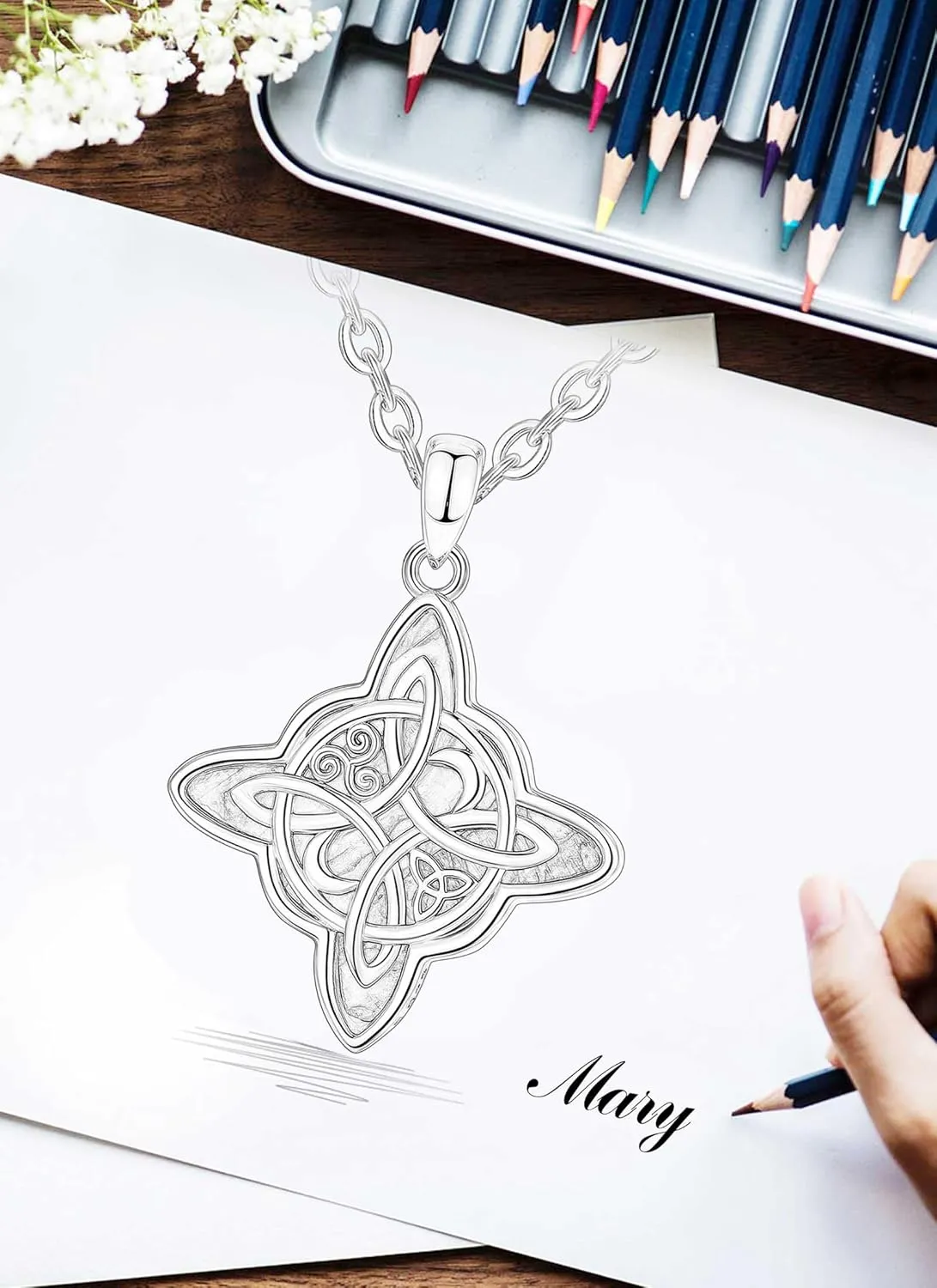CELESTIA Nudo de Bruja Plata 925 Original Amuletos de Proteccion Witches Knot Necklace - 20 Inch Box Chain