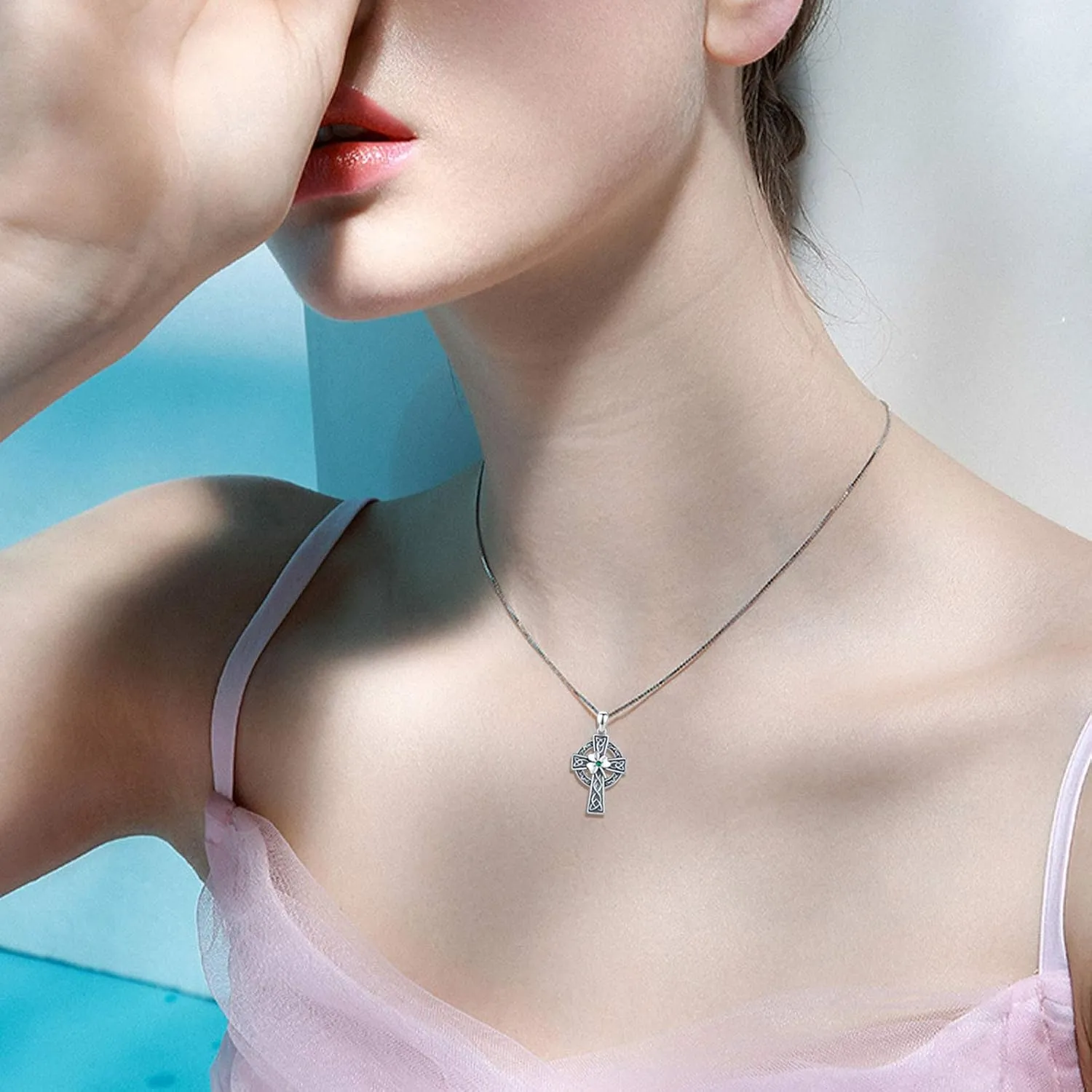 Celtic Cross Necklace for Women, Graduation Gift 925 Sterling Silver Good Luck Clover Necklaces Irish Celtic Knot Cross Vintage Shamrock Celtic Jewelry Gift for Women Girls Teen